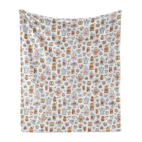 Tea Party Soft Flannel Fleece Blanket, Scattered Motifs of Coffee French Press Mocha Pot Cupcake Pastry Pretzels, Cozy Plush for Indoor and Outdoor Use, 50" x 70", Pale Caramel Peach, by Ambesonne
