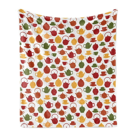 Tea Party Soft Flannel Fleece Blanket, Various Type of Cups and Teapot Motifs Abstract Hobby Gathering, Cozy Plush for Indoor and Outdoor Use, 70" x 90", Pale Orange and Olive Green, by Ambesonne