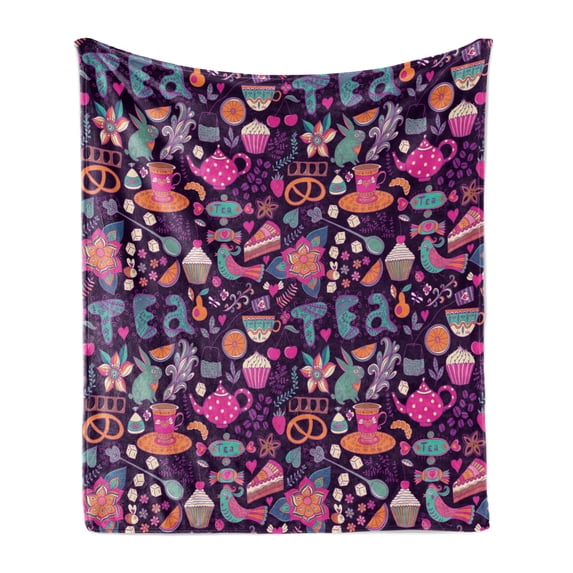 Tea Party Soft Flannel Fleece Blanket, Vibrant Colored Abstract Expression of Tea Party Cupcakes Sugar Teacups and Pots, Cozy Plush for Indoor and Outdoor Use, 50" x 70", Multicolor, by Ambesonne