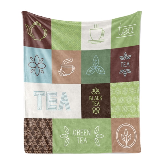 Tea Party Soft Flannel Fleece Throw Blanket, Checkered Tea Themed Images Geometrical Soft Colored Minimalist, Cozy Plush for Indoor and Outdoor Use, 70" x 90", Green Brown Blue, by Ambesonne