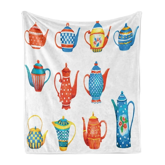 Tea Party Soft Flannel Fleece Throw Blanket, Colorful Teapots Various Shapes Sizes Breakfast Ceramic Design, Cozy Plush for Indoor and Outdoor Use, 70" x 90", Blue Vermilion Yellow, by Ambesonne