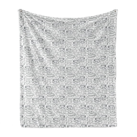 Tea Party Soft Flannel Fleece Throw Blanket, Doodle Drawing Monochrome Tableware Pattern with Biscuits and More Tea Words, Cozy Plush for Indoor and Outdoor Use, 50" x 70", Grey White, by Ambesonne