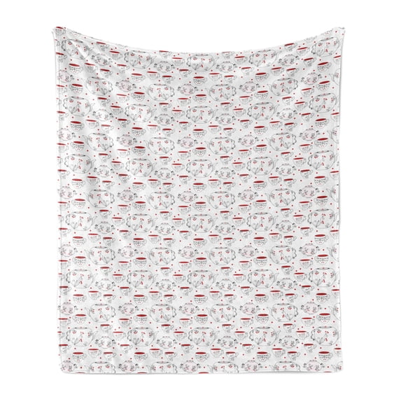 Tea Party Soft Flannel Fleece Throw Blanket, Doodle Style Crockery Illustration of Floral Patterned Kettles and Cups, Cozy Plush for Indoor and Outdoor Use, 70" x 90", Red Black White, by Ambesonne