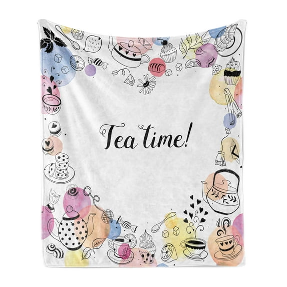 Tea Party Soft Flannel Fleece Throw Blanket, Doodle Style Frame with Tea Time Retro Lettering Cups Sweets Colorful Dots, Cozy Plush for Indoor and Outdoor Use, 60" x 80", Multicolor, by Ambesonne