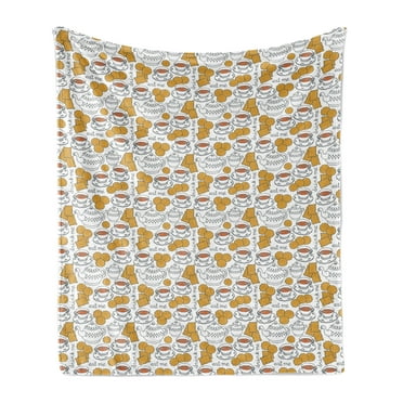 Tea Party Soft Flannel Fleece Throw Blanket, Drink Me Eat Me Tea Pot and Cups with Biscuits, Cozy Plush for Indoor and Outdoor Use, 50" x 60", Coffee White, by Ambesonne