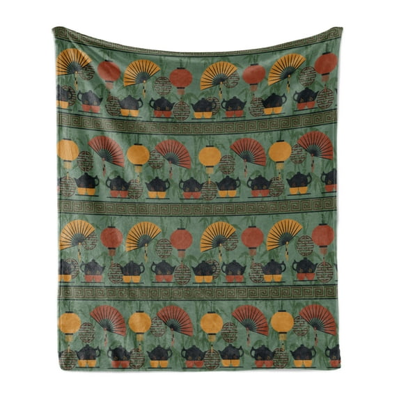 Tea Party Soft Flannel Fleece Throw Blanket, Ethnicity Theme Grunge Bamboo Branches Chinese Lanterns, Cozy Plush for Indoor and Outdoor Use, 50" x 70", Reseda Green Marigold, by Ambesonne