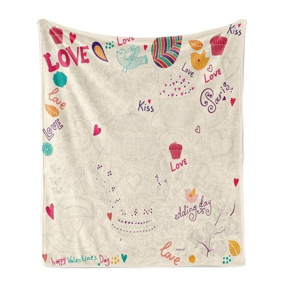 Tea Party Soft Flannel Fleece Throw Blanket, Hand Drawn Doodle Style Cartoon Tea Time Sketch Love Kiss Teapot Birds, Cozy Plush for Indoor and Outdoor Use, 60" x 80", Multicolor, by Ambesonne