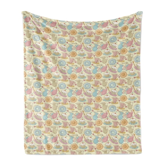 Tea Party Soft Flannel Fleece Throw Blanket, Hand Drawn Traditional Cake with Frosting and Dishes on Heart Filled Backdrop, Cozy Plush for Indoor and Outdoor Use, 50" x 60", Multicolor, by Ambesonne