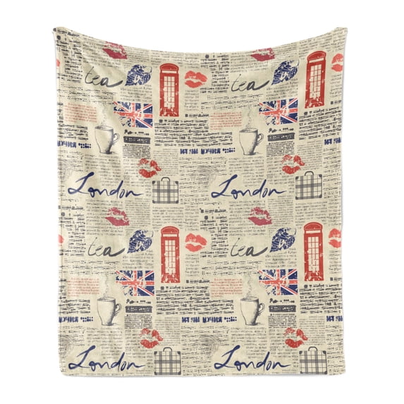 Tea Party Soft Flannel Fleece Throw Blanket, London Newspaper Inspired Background with Grunge Elements Kiss Marks, Cozy Plush for Indoor and Outdoor Use, 50" x 70", Beige Navy Blue Red, by Ambesonne