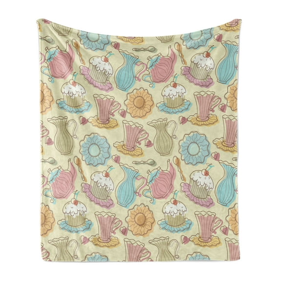 Tea Party Soft Flannel Fleece Throw Blanket, Old Fashioned Hand Drawing Style Creamy Cupcakes Mugs Coffee Drinks Hearts, Cozy Plush for Indoor and Outdoor Use, 50" x 60", Multicolor, by Ambesonne