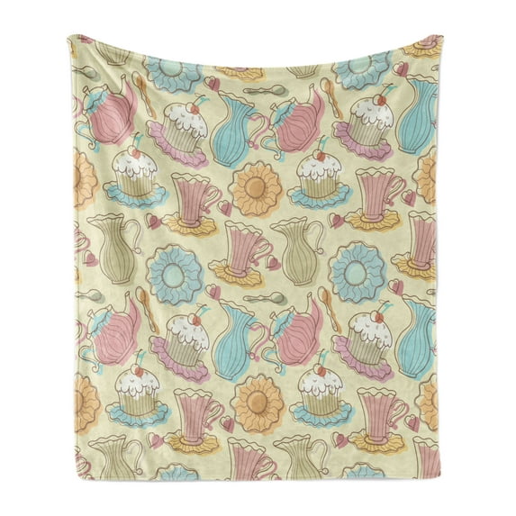 Tea Party Soft Flannel Fleece Throw Blanket, Old Fashioned Hand Drawing Style Creamy Cupcakes Mugs Coffee Drinks Hearts, Cozy Plush for Indoor and Outdoor Use, 50" x 70", Multicolor, by Ambesonne