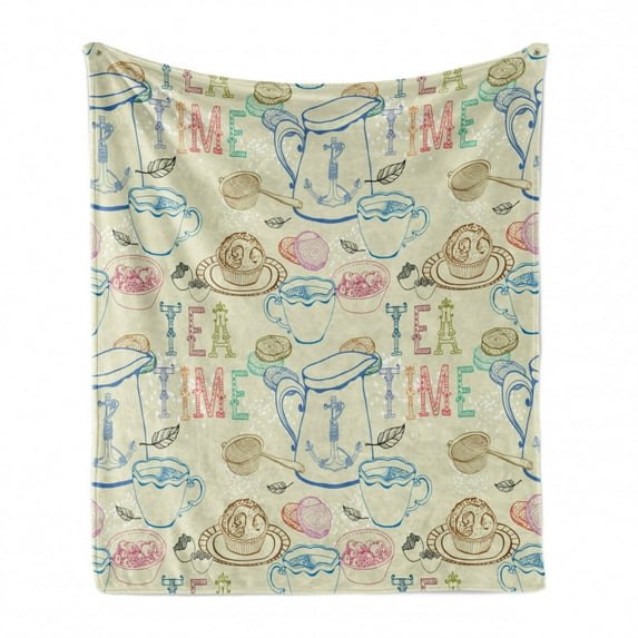 Tea Party Soft Flannel Fleece Throw Blanket, Pale Colored Tea Time Themed Image with Various Kitchenware and Sweets Pattern, Cozy Plush for Indoor and Outdoor Use, 50" x 70", Multicolor, by Ambesonne