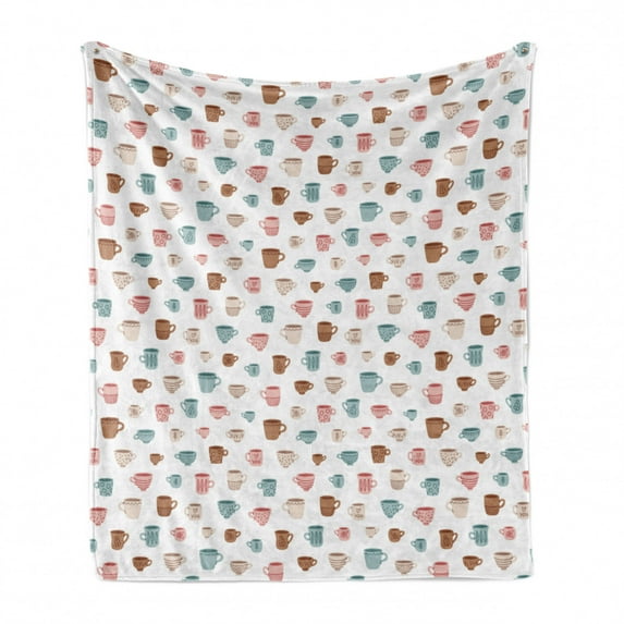Tea Party Soft Flannel Fleece Throw Blanket, Pattern of Coffee Mugs in Classic Vintage Style Inspired Pottery Drink Cafe, Cozy Plush for Indoor and Outdoor Use, 50" x 60", Multicolor, by Ambesonne