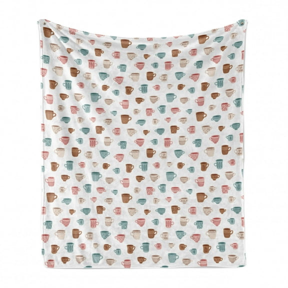 Tea Party Soft Flannel Fleece Throw Blanket, Pattern of Coffee Mugs in Classic Vintage Style Inspired Pottery Drink Cafe, Cozy Plush for Indoor and Outdoor Use, 50" x 70", Multicolor, by Ambesonne