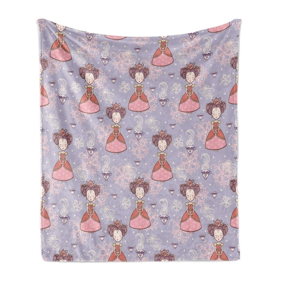 Tea Party Soft Flannel Fleece Throw Blanket, Princess with Teacups Abstract Floral Background Gothic Design Print, Cozy Plush for Indoor and Outdoor Use, 50" x 70", Lilac Pink Coral, by Ambesonne