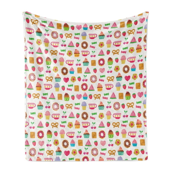 Tea Party Soft Flannel Fleece Throw Blanket, Sweets Candies Cookies Fruit and Other Things Cheerful Composition, Cozy Plush for Indoor and Outdoor Use, 70" x 90", Multicolor, by Ambesonne