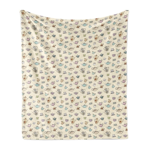 Tea Party Soft Flannel Fleece Throw Blanket, Vintage Teapots and Cups with Colorful Floral Motifs Traditional Midday Break, Cozy Plush for Indoor and Outdoor Use, 70" x 90", Multicolor, by Ambesonne