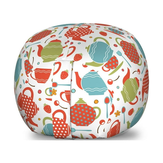 Tea Party Storage Toy Bag Chair, Colorful Tea Party Illustration with Pots Cups Spoons on Colorful Dotted Pattern, Stuffed Animal Organizer Washable Bag, Large Size, Multicolor, by Ambesonne