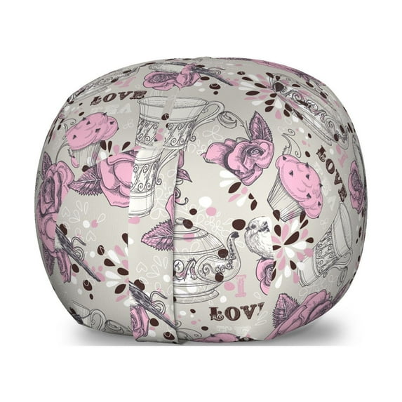 Tea Party Storage Toy Bag Chair, Ornate Teacup and Pot with Romantic Roses Birds Valentines Day Themed Image, Stuffed Animal Organizer Washable Bag, Small Size, Pale Pink Dust, by Ambesonne