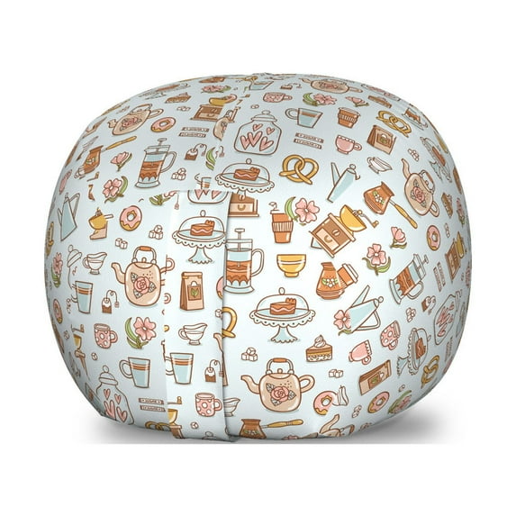 Tea Party Storage Toy Bag Chair, Scattered Motifs of Coffee French Press Mocha Pot Cupcake Pastry Pretzels, Stuffed Animal Organizer Washable Bag, Small Size, Pale Caramel Peach, by Ambesonne