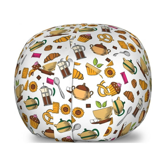 Tea Party Storage Toy Bag Chair, Spoon Croissant Muffin French Press Coffee After Lunch Pattern, Stuffed Animal Organizer Washable Bag, Small Size, Pale Orange Multicolor, by Ambesonne