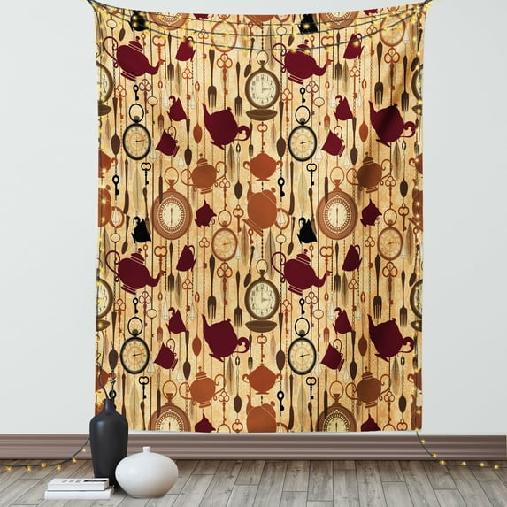 Tea Party Tapestry, Breakfast Time Items Teacup Forks Spoons Chain Together Victorian Style Print, Wall Hanging for Bedroom Living Room Dorm Decor, 40W X 60L Inches, Brown Redwood, by Ambesonne