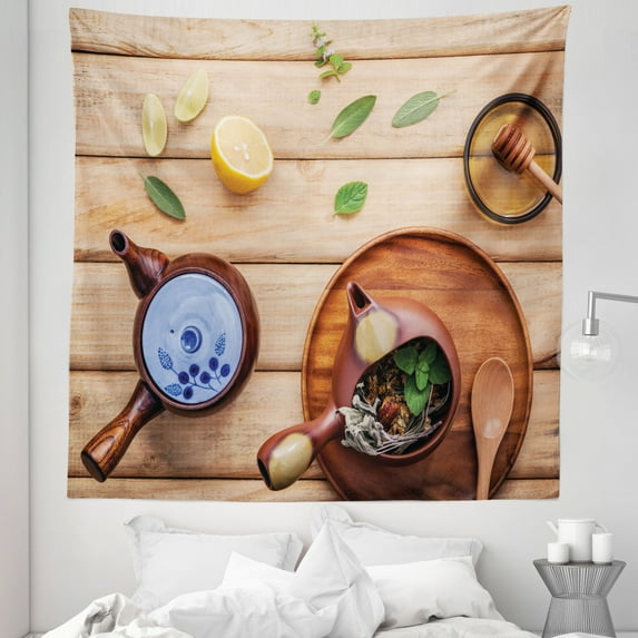 Tea Party Tapestry, Herbal Tea Pot with Fresh Herbs Sage Peppermint and Lime on Rustic Wood Planks, Fabric Wall Hanging Decor for Bedroom Living Room Dorm, 5 Sizes, Multicolor, by Ambesonne