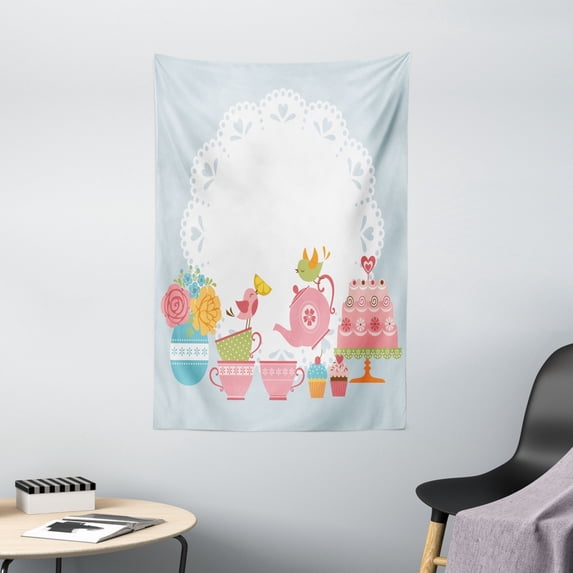 Tea Party Tapestry, Two Birds Enjoying Tea and Various Sweets Pale Colored Image Bouquet of Flowers, Wall Hanging for Bedroom Living Room Dorm Decor, 40W X 60L Inches, Multicolor, by Ambesonne