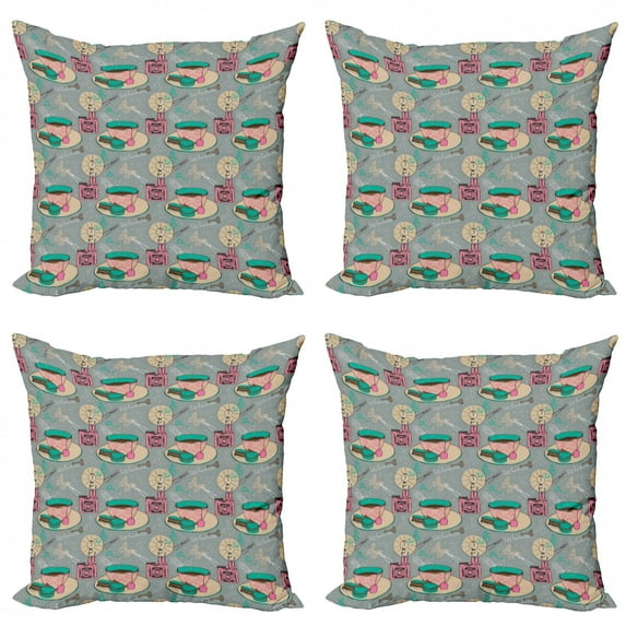 Tea Party Throw Pillow Cushion Case Pack of 4, Tea Cup with Macarons Camera and Butterflies Background Classic Feminine Theme, Modern Accent Double-Sided Print, 4 Sizes, Multicolor, by Ambesonne