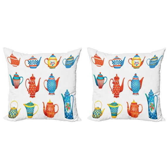 Ambesonne Tea Party Throw Pillow Cover 2 Pack, Teapots Design, 18", Blue Vermilion Yellow