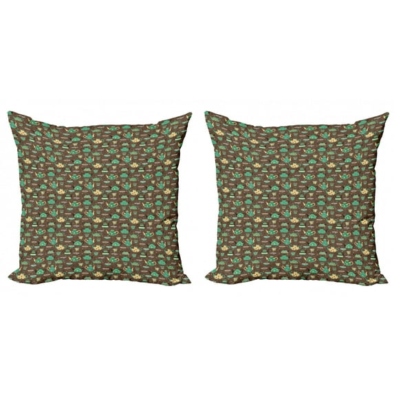 Ambesonne Tea Party Throw Pillow Cover 2 Pack, Dotted Cups and Pots, 18", Sea Green Brown Beige