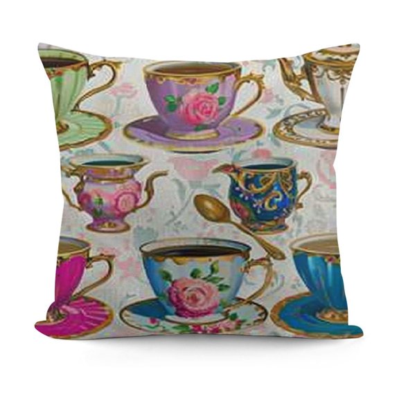 Tea Party Throw Pillow Cushion Cover, Selection of Vivid Colored Teacups Pot Sugar and Floral Arrangements in Corners, Decorative Square Accent Pillow Case, Cream Purple
