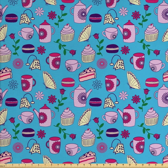 Tea Party Upholstery Fabric by the Yard, Cup of Tea Bags Cupcake Garden Theme Rose Flower Macaron Cookies, Decorative Fabric for DIY and Home Accents, Deep Sky Blue Multicolor by Ambesonne