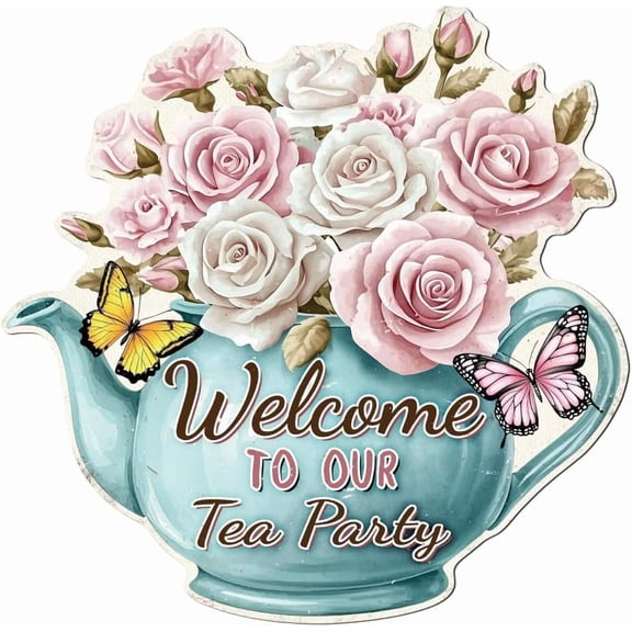 Tea Party Vintage Metal Tin Sign 11.2x11 Inch Colorful Teapot Tea Party Decor Floral Themed Home Front Door Welcome Sign Welcome TO OUR Tea Party Wall Art Plaque Poster