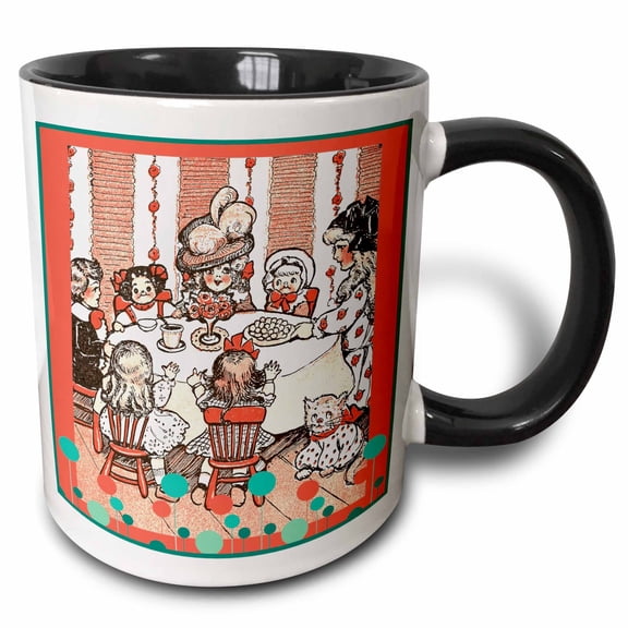 3drose, Tea Party with Dolls, 11oz Two-tone Black Mug