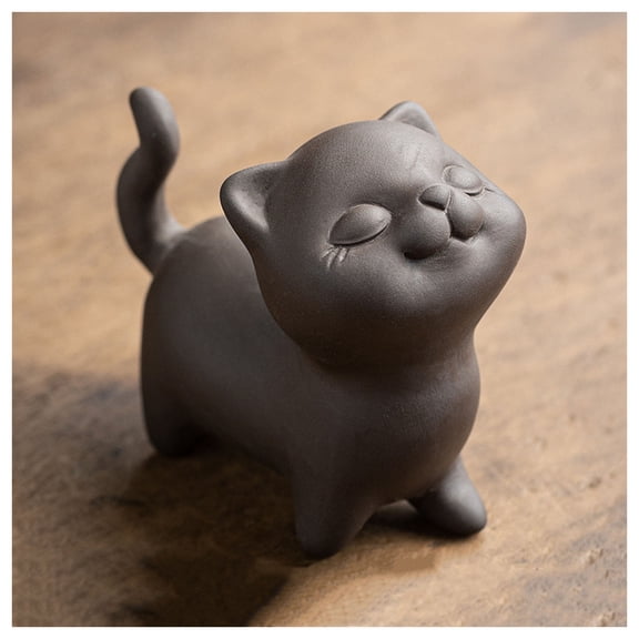 Tea Pet Cat, Chinese Zisha Tea Pet Carved Cat Figurines Small Lucky Statue Clay Cat Ceramic Handmade Decoration for Home Office Desk Ornament
