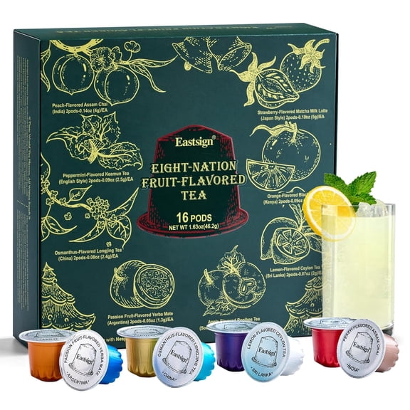 Tea Pods Compatible with Nespresso OriginalLine, 16 Count Single Serve Tea Capsules, 8 Flavor Variety Pack ,Hot or Iced Tea Sampler Set