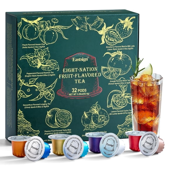 Tea Pods Compatible with Nespresso OriginalLine, 32 Count Single Serve Tea Capsules, 8 Flavor Variety Pack ,Hot or Iced Tea Sampler Set