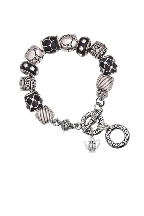 Tea Pot Black Pebble Bead Charm Bracelet