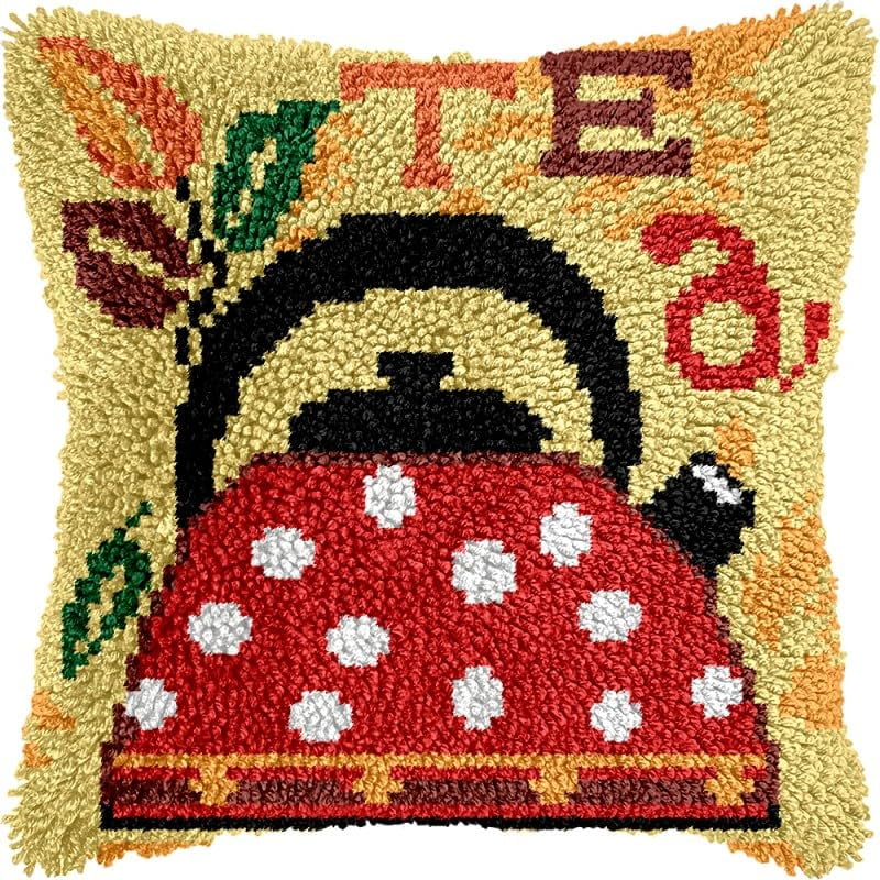 Tea Pot Latch Hook Pillow Kits Pillow Cover with Pattern Printed Canvas Crochet Cross Hooking Pillowcase Cushion Crafts Embroidery Latch Hooking Crochet Kits 17x17 inch(48)