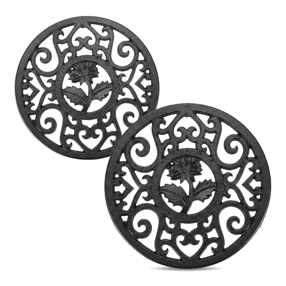Tea Pot Trivet for Kitchen, Floral Pattern Hot Plate Pad, Sturdy Cast Iron Trivets for Hot Pots and Pans for Table Dining Office, 2 Pcs Black
