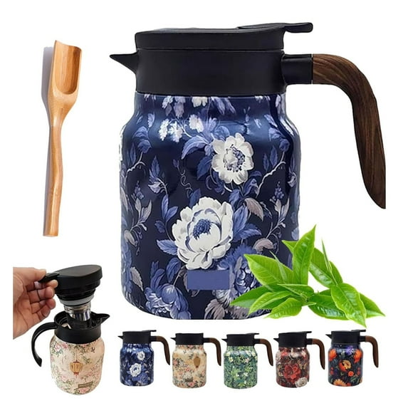 Tea Pot,Vintage Floral Pattern Tea Built-In Infuser, 28 Oz/35 Oz, Stainless Steel Doresty Tea Pot with Removable Strainer (Purple-28oz-WOODEN Handle)