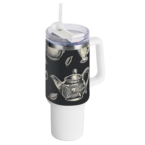 Tea Pots Cups Leaves 40 oz Tumbler with Handle Insulated&nbsp;Travel Mug&nbsp;Lid Straw Leak Proof Steel Vacuum Water Bottles Glasses Fits in Car Cup Holder