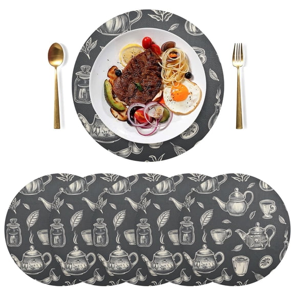 Tea Pots Cups Leaves Black Round Placemats Plate Mats 15 Inch Non-Slip Heat Resistant Washable PVC Set Indoor for Kitchen Dining Table 4PCs