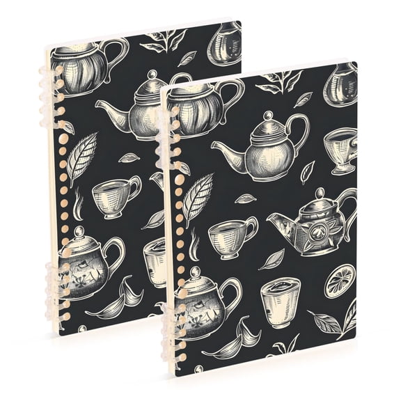 Tea Pots Cups Leaves Ring Binder Notebook Journey Note Diary College Ruled Spiral Notebook Study Loose Leaf Paper A5 60 Pages