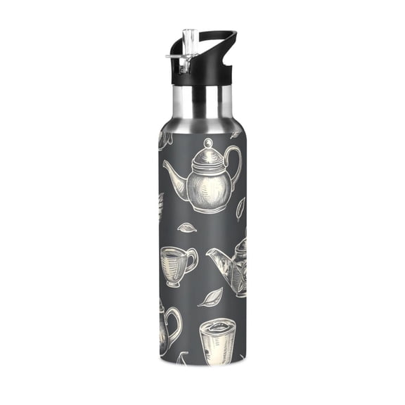 Tea Pots Cups Leaves Sports Water Bottle with Straw Lid Insulated Stainless Steel Leak Proof BPA Free Thermal Mug with Handle for Gym Yoga Cycling Camping