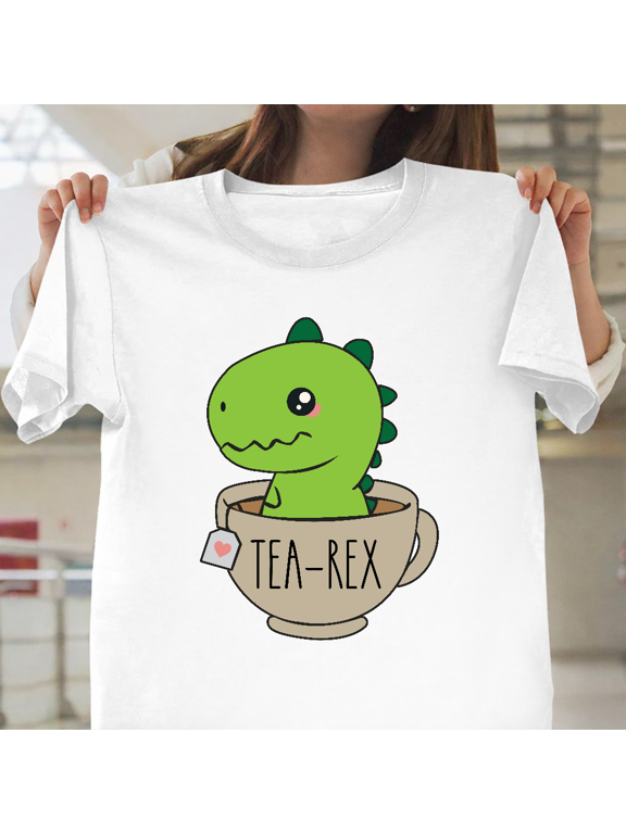 Tea Rex Cute Dinosaur Enjoying Tea Funny Novelty Gift Unisex T-Shirt, up to size 3XL.