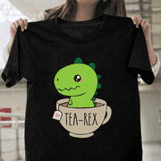 Tea Rex Cute Dinosaur Enjoying Tea Funny Novelty Gift Unisex T-Shirt, up to size 3XL.