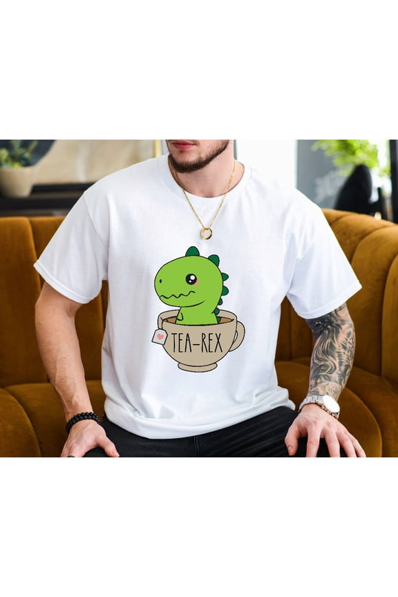 Tea Rex Cute Dinosaur Enjoying Tea Funny Punny Animal Unisex T-Shirt, up to size 3XL.