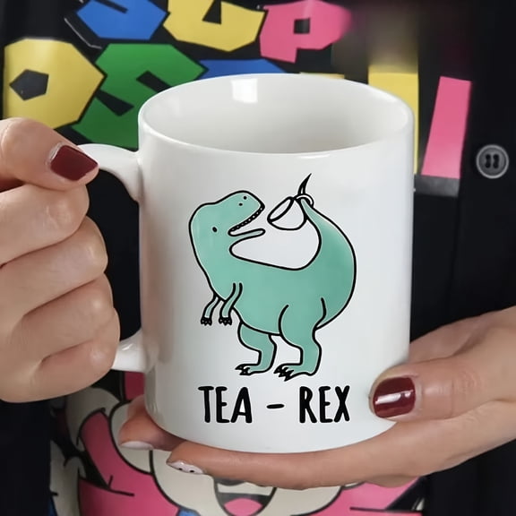Tea-Rex Funny Tyrannos Rex Mug - 11oz Double-Sided Ceramic Coffee Tea Cup, Insulated, Reusable, Machine Washable, Ideal for Multiple Beverages, Perfect for Tea & Coffee Lover